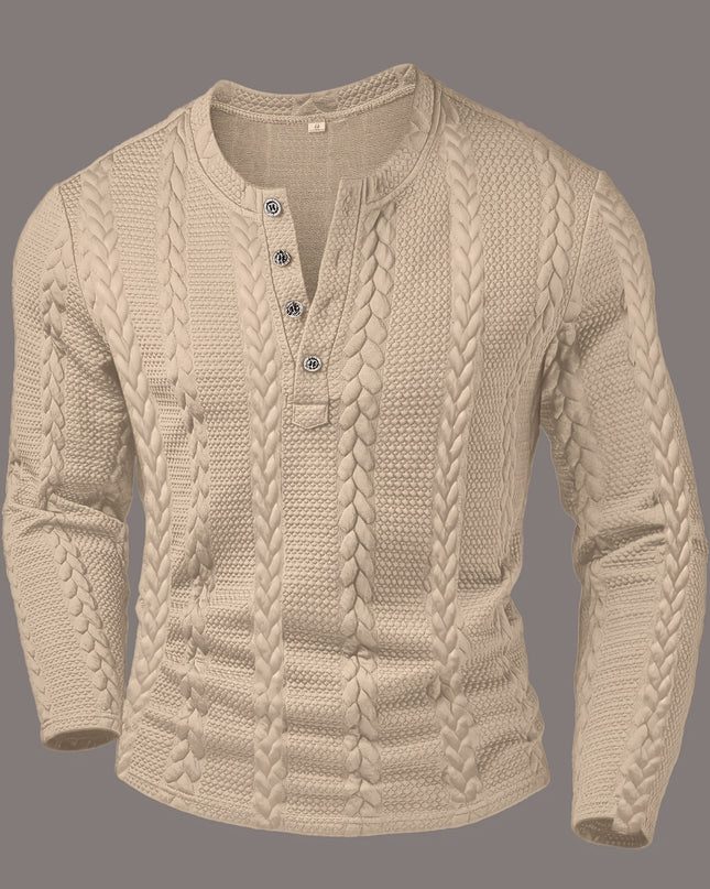 Men's Casual Henley Shirt - Textured Jacquard Long Sleeve Top