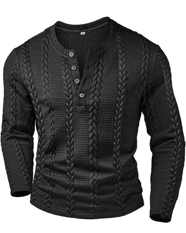 Men's Casual Henley Shirt - Textured Jacquard Long Sleeve Top