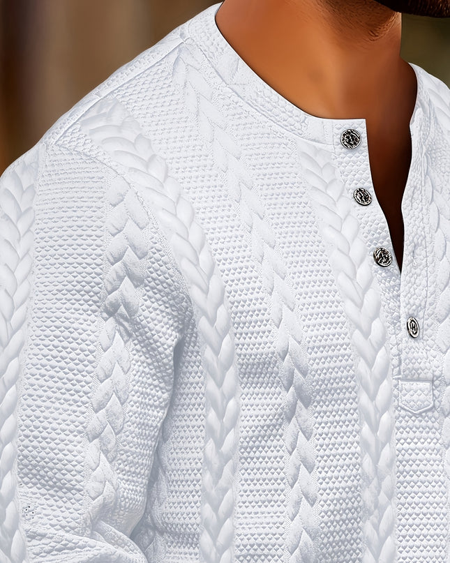Men's Casual Henley Shirt - Textured Jacquard Long Sleeve Top