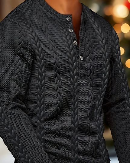 Men's Casual Henley Shirt - Textured Jacquard Long Sleeve Top