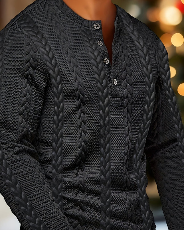 Men's Casual Henley Shirt - Textured Jacquard Long Sleeve Top