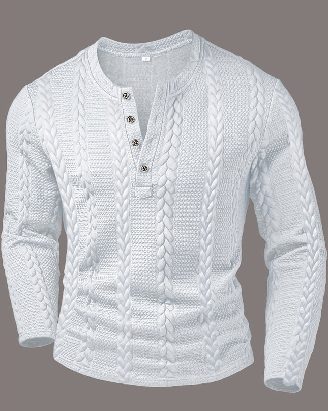 Men's Casual Henley Shirt - Textured Jacquard Long Sleeve Top