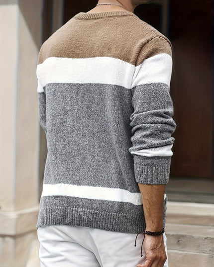 Men’s Casual Knit Pullover - Color Block Long Sleeve Design