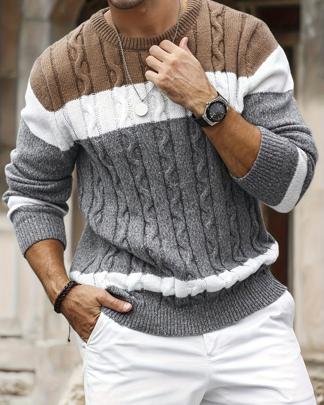 Men’s Casual Knit Pullover - Color Block Long Sleeve Design