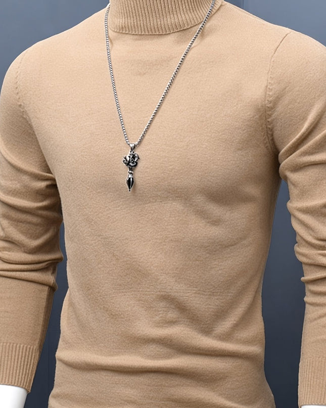Men's Casual Knit Sweater - High Neck, Long Sleeve, Loose Fit
