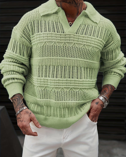 Men's Casual Knit Sweater - Solid Color, Polo Collar Style