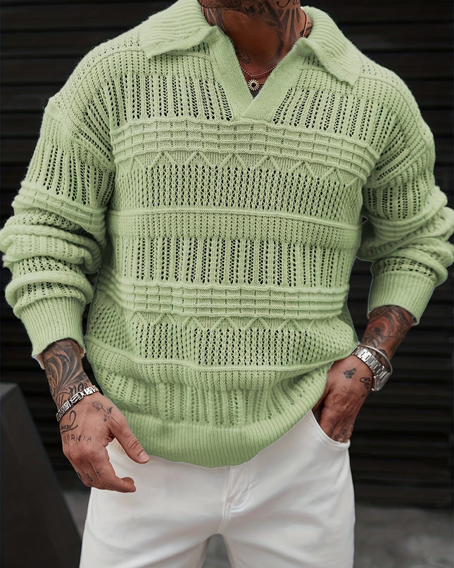 Men's Casual Knit Sweater - Solid Color, Polo Collar Style