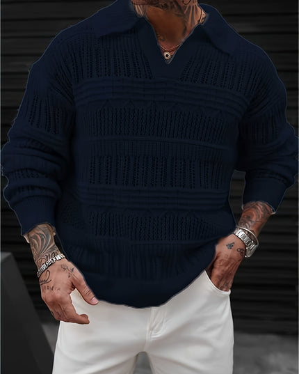 Men's Casual Knit Sweater - Solid Color, Polo Collar Style