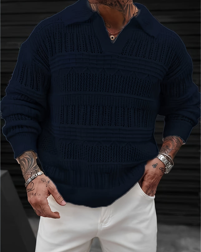 Men's Casual Knit Sweater - Solid Color, Polo Collar Style