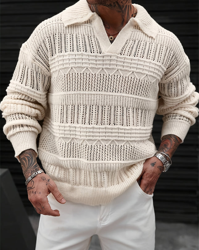 Men's Casual Knit Sweater - Solid Color, Polo Collar Style