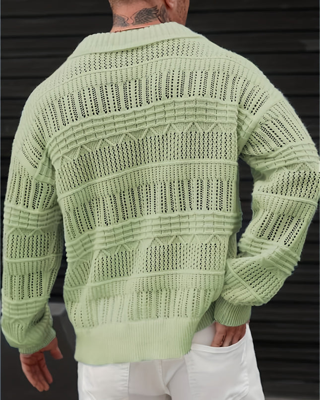 Men's Casual Knit Sweater - Solid Color, Polo Collar Style