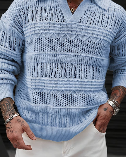 Men's Casual Knit Sweater - Solid Color, Polo Collar Style