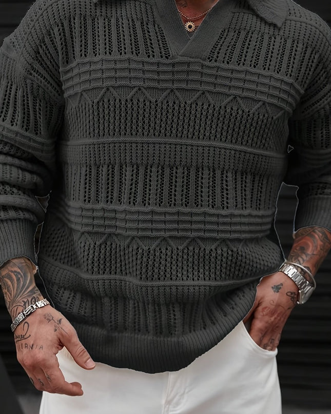 Men's Casual Knit Sweater - Solid Color, Polo Collar Style
