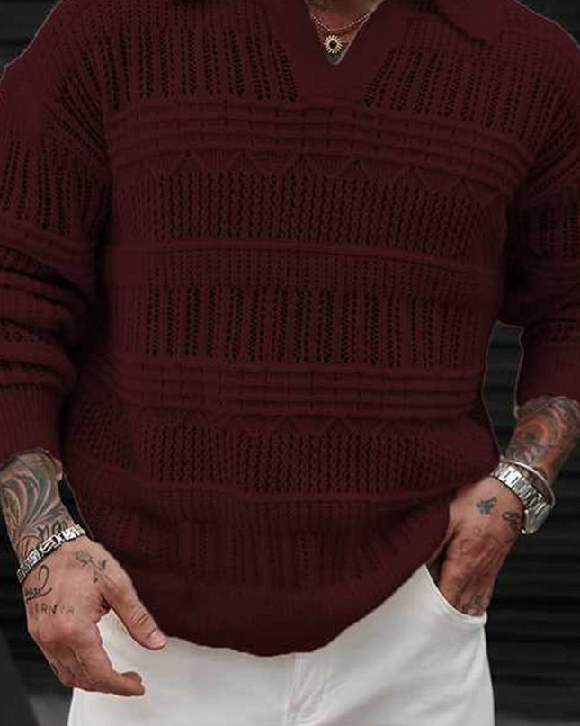 Men's Casual Knit Sweater - Solid Color, Polo Collar Style