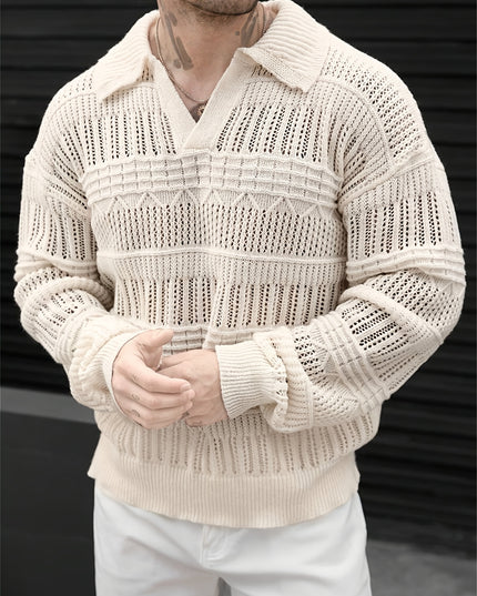 Men's Casual Knit Sweater - Solid Color, Polo Collar Style