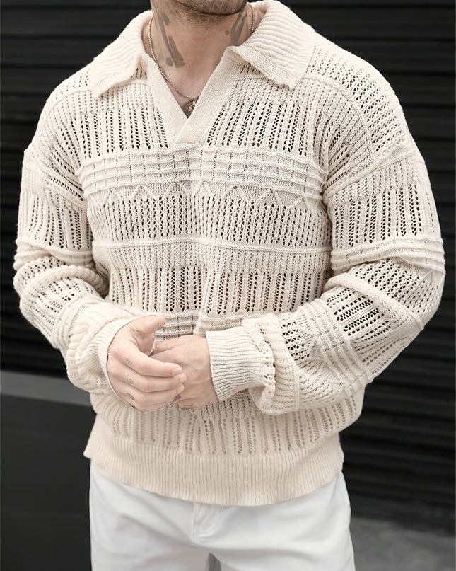 Men's Casual Knit Sweater - Solid Color, Polo Collar Style