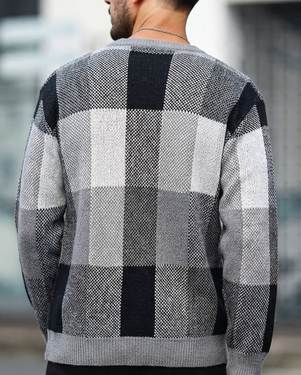 Men's Casual Plaid Knit Sweater - Loose Fit, Crew Neck Design