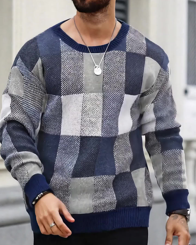 Men's Casual Plaid Knit Sweater - Loose Fit, Crew Neck Design