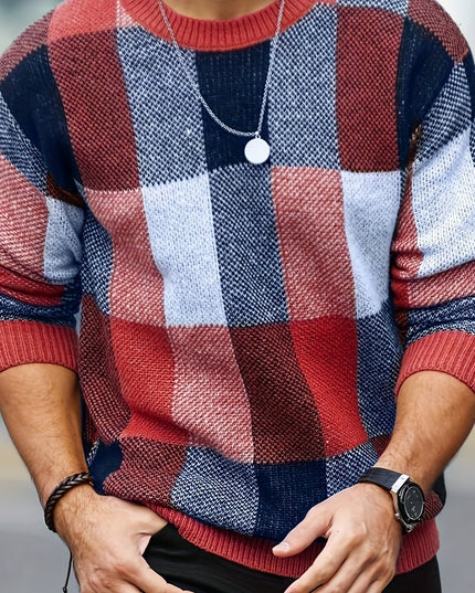 Men's Casual Plaid Knit Sweater - Loose Fit, Crew Neck Design
