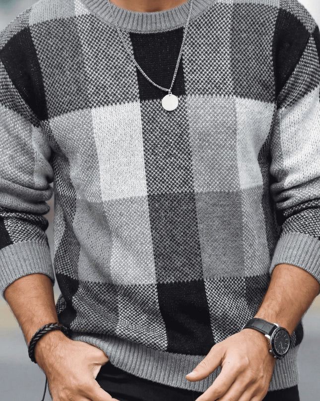 Men's Casual Plaid Knit Sweater - Loose Fit, Crew Neck Design
