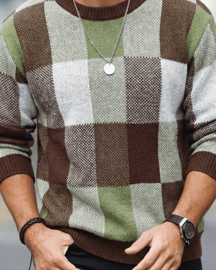Men's Casual Plaid Knit Sweater - Loose Fit, Crew Neck Design