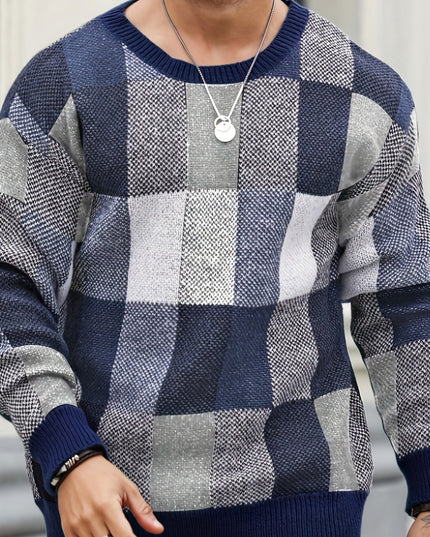 Men's Casual Plaid Knit Sweater - Loose Fit, Crew Neck Design