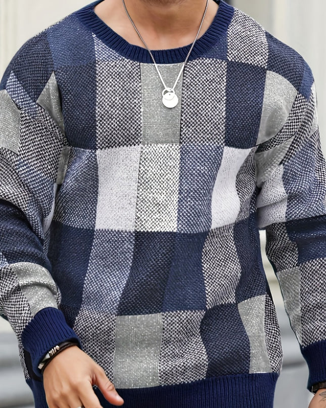 Men's Casual Plaid Knit Sweater - Loose Fit, Crew Neck Design