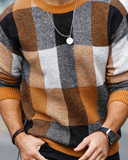 Men's Casual Plaid Knit Sweater - Loose Fit, Crew Neck Design