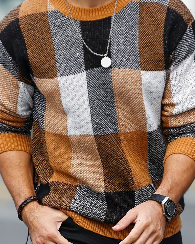 Men's Casual Plaid Knit Sweater - Loose Fit, Crew Neck Design