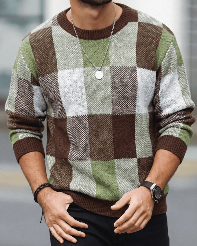 Men's Casual Plaid Knit Sweater - Loose Fit, Crew Neck Design