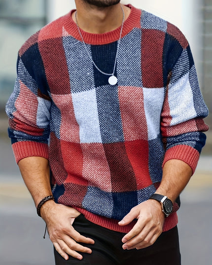 Men's Casual Plaid Knit Sweater - Loose Fit, Crew Neck Design