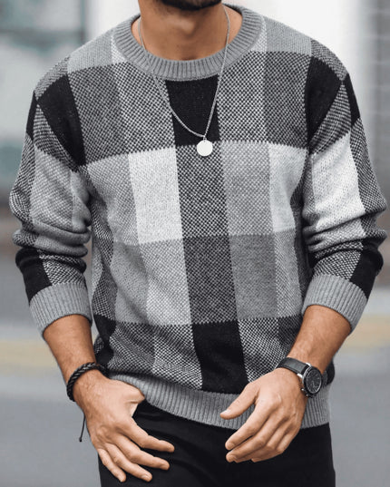 Men's Casual Plaid Knit Sweater - Loose Fit, Crew Neck Design