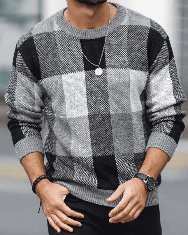 Men's Casual Plaid Knit Sweater - Loose Fit, Crew Neck Design