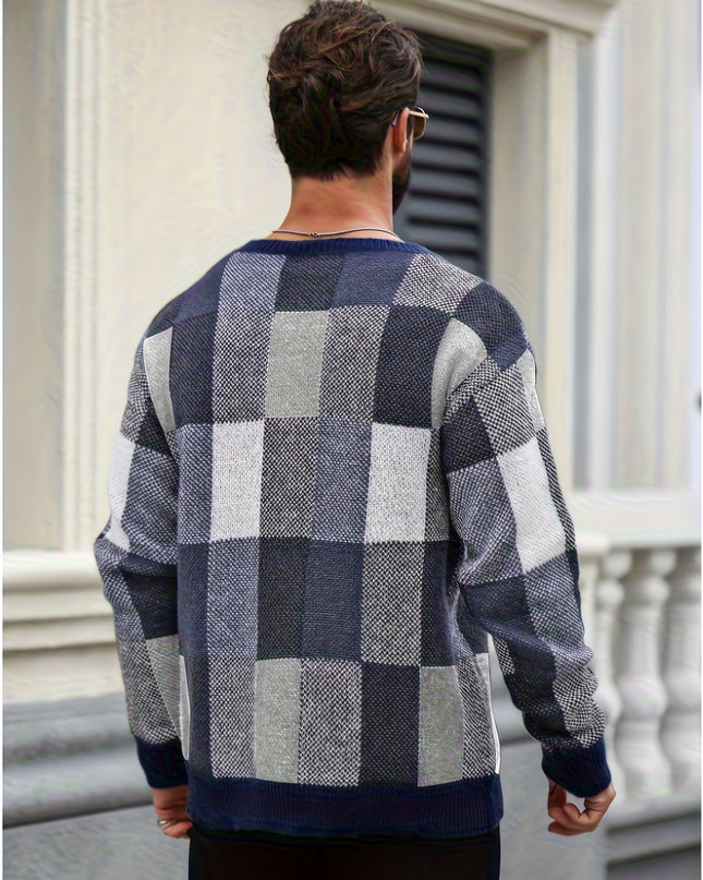 Men's Casual Plaid Knit Sweater - Loose Fit, Crew Neck Design