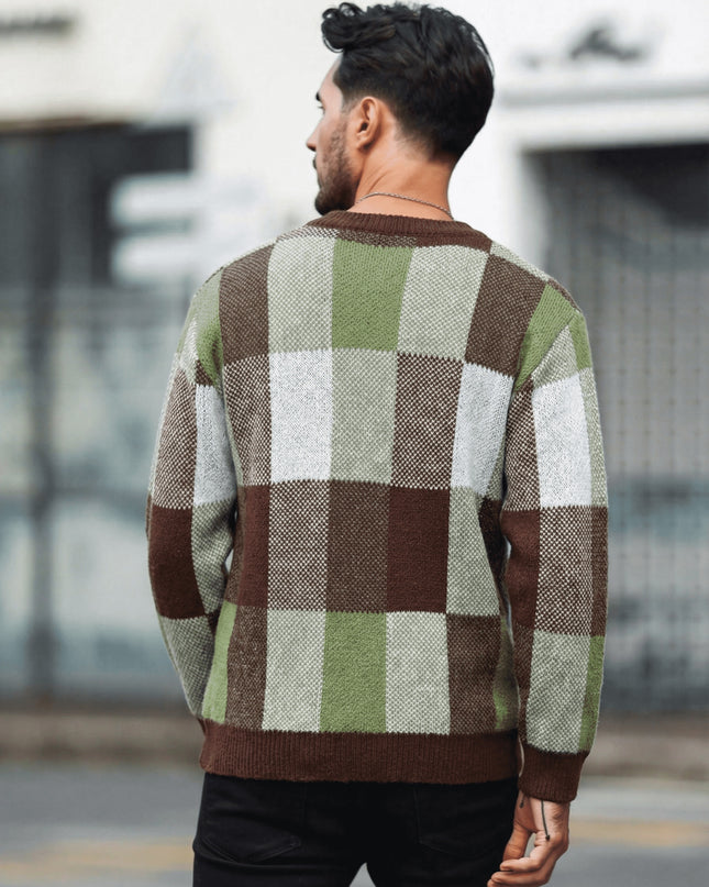 Men's Casual Plaid Knit Sweater - Loose Fit, Crew Neck Design