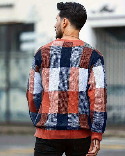 Men's Casual Plaid Knit Sweater - Loose Fit, Crew Neck Design