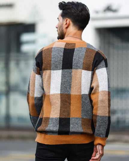Men's Casual Plaid Knit Sweater - Loose Fit, Crew Neck Design