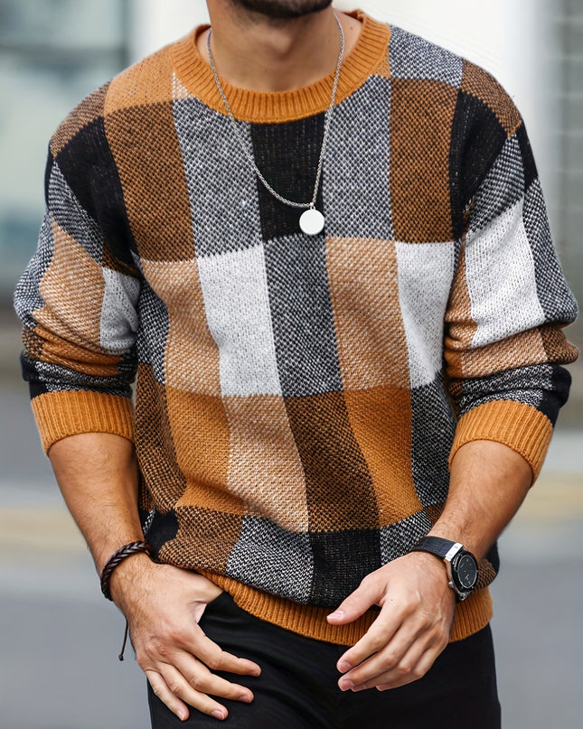 Men's Casual Plaid Knit Sweater - Loose Fit, Crew Neck Design