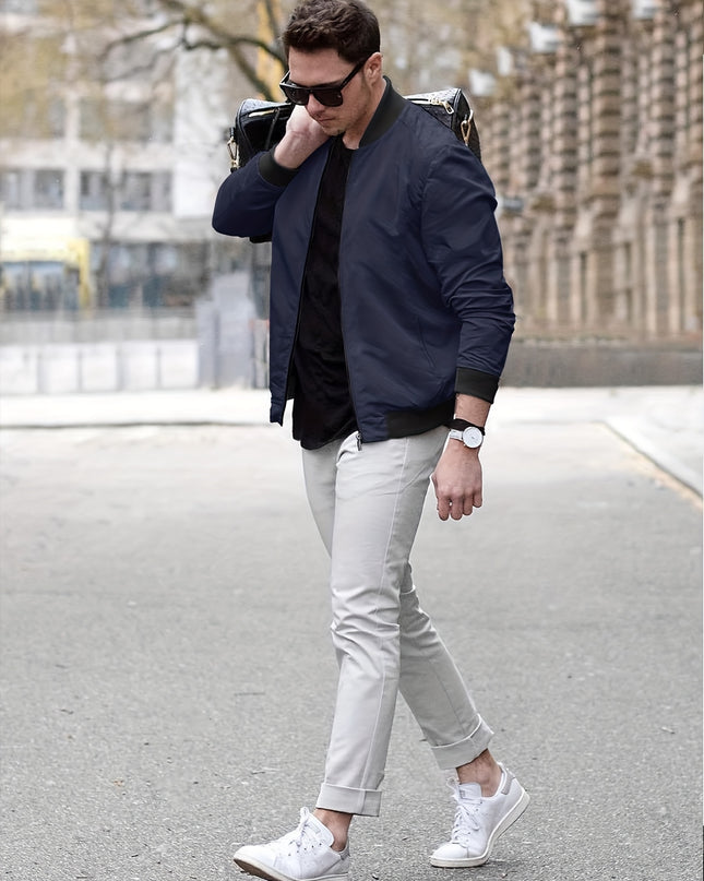 Men's Casual Trench Coat - Baseball Collar, Multi-Pocket Style