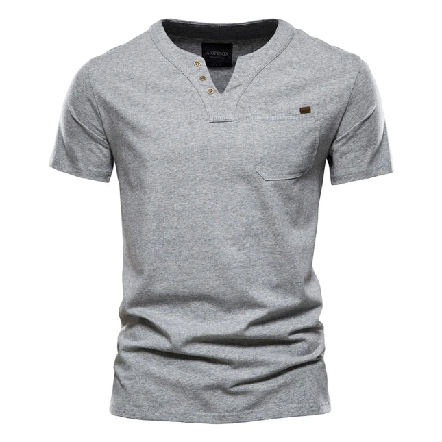 Men's Casual V-Neck Cotton T-Shirt - Solid Color Tee
