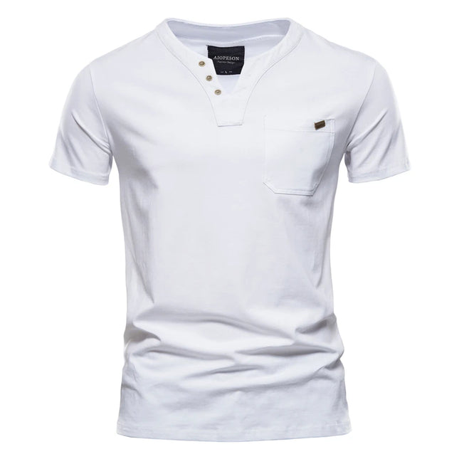 Men's Casual V-Neck Cotton T-Shirt - Solid Color Tee