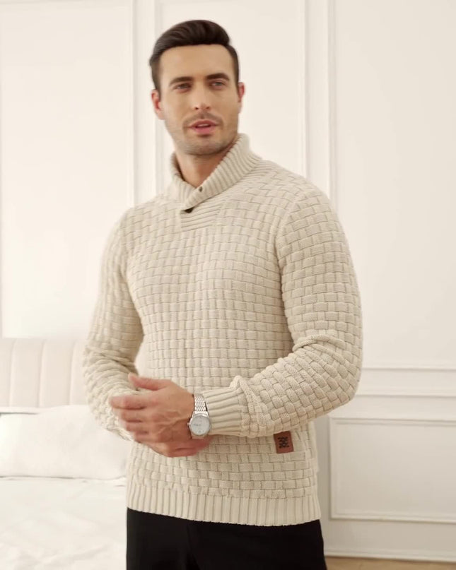 Men's Casual Waffle Knit Sweater - Lapel Button Design