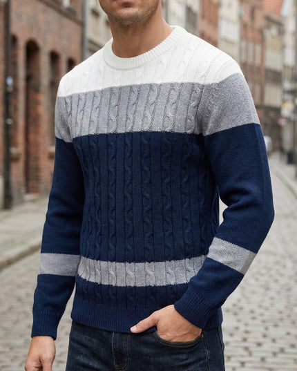 Men's Color Block Cable Knit Sweater - Casual Crew Neck Design