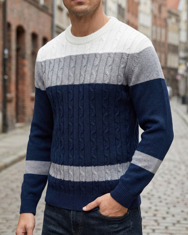 Men's Color Block Cable Knit Sweater - Casual Crew Neck Design