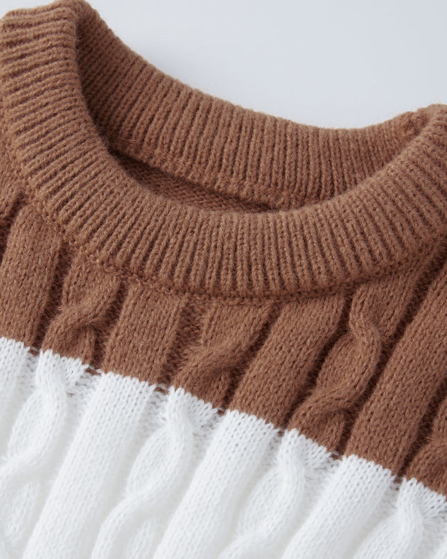 Men's Color Block Cable Knit Sweater - Casual Crew Neck Design