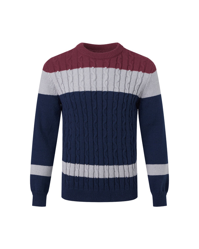 Men's Color Block Cable Knit Sweater - Casual Crew Neck Design