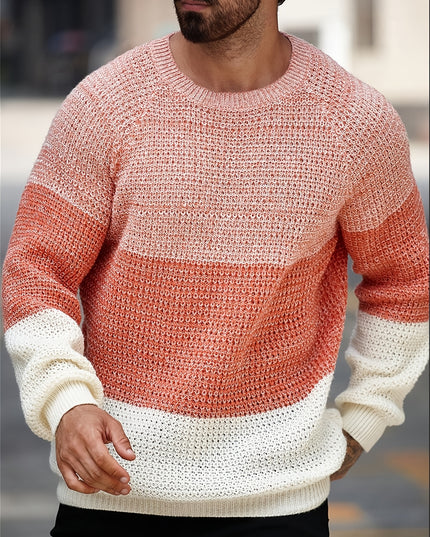 Men’s Color Blocked Knitted Pullover - Casual Round-Neck Style