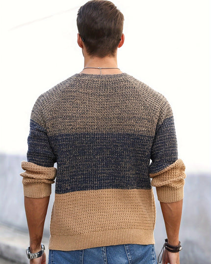 Men’s Color Blocked Knitted Pullover - Casual Round-Neck Style