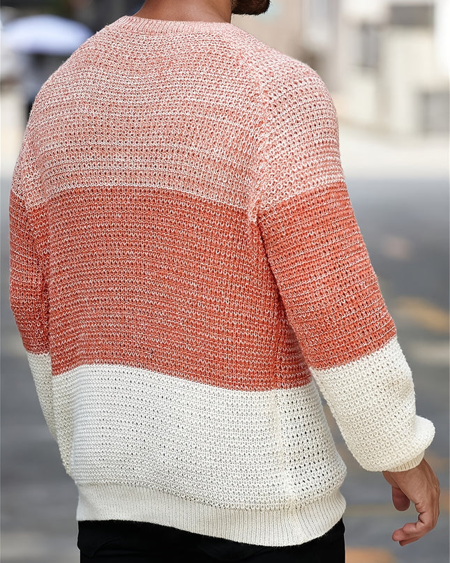 Men’s Color Blocked Knitted Pullover - Casual Round-Neck Style
