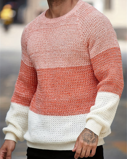 Men’s Color Blocked Knitted Pullover - Casual Round-Neck Style